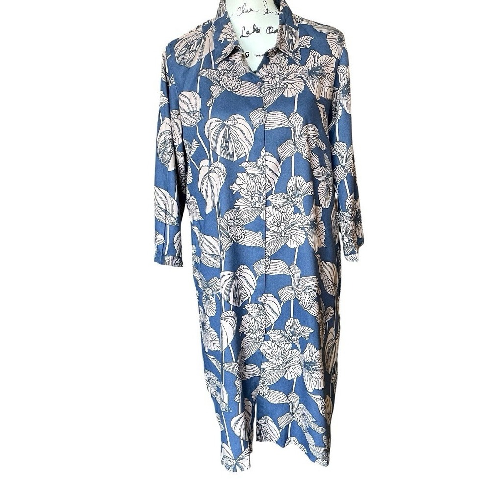 Utsa By Westside Blue Tan Floral‎ Button Front Shirt Dress Women's Medium